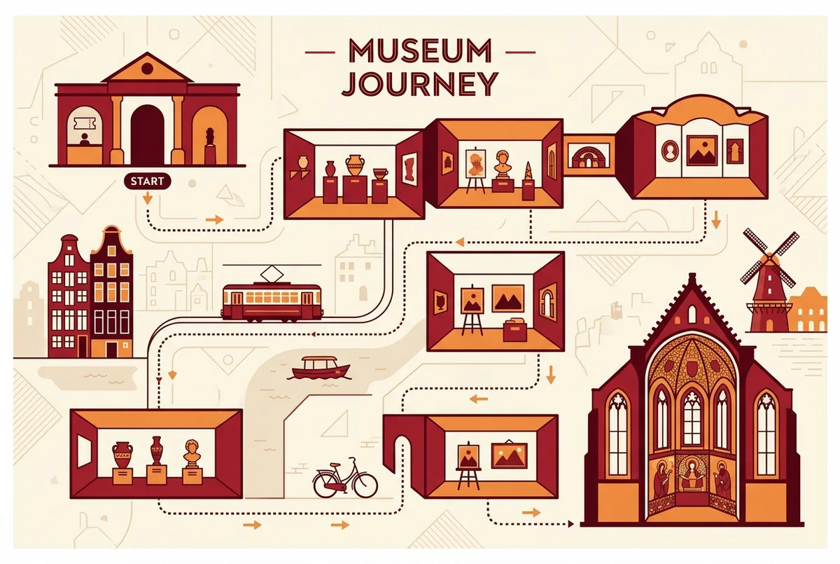 Vatikan Müzeleri ziyaretçi rotasını girişten ana galerilerden geçip sonunda sistin şapeli girişine ulaşan basit bir kat planı infografiği, genel oda etiketleriyle