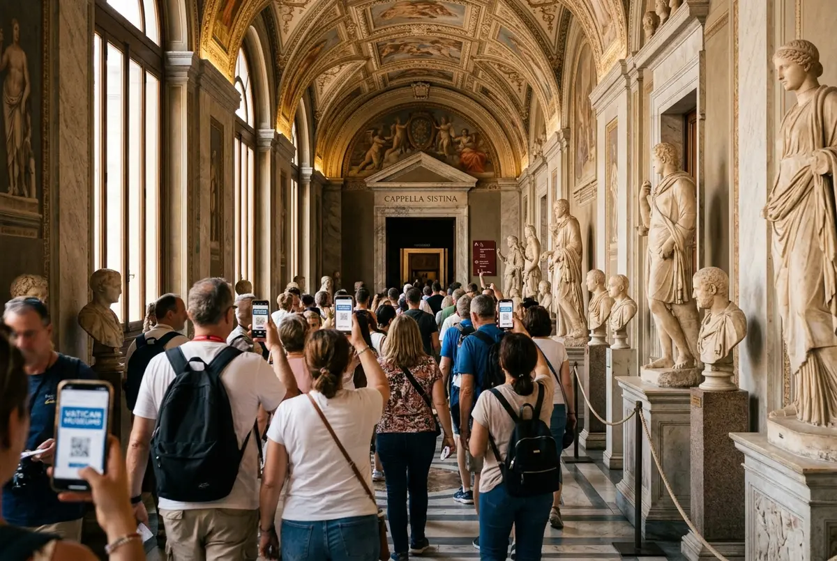 Sunlit corridor inside the Vatican Museums filled with tourists holding visit Vatican tickets on their phones as they walk past ancient marble statues toward the Sistine Chapel
