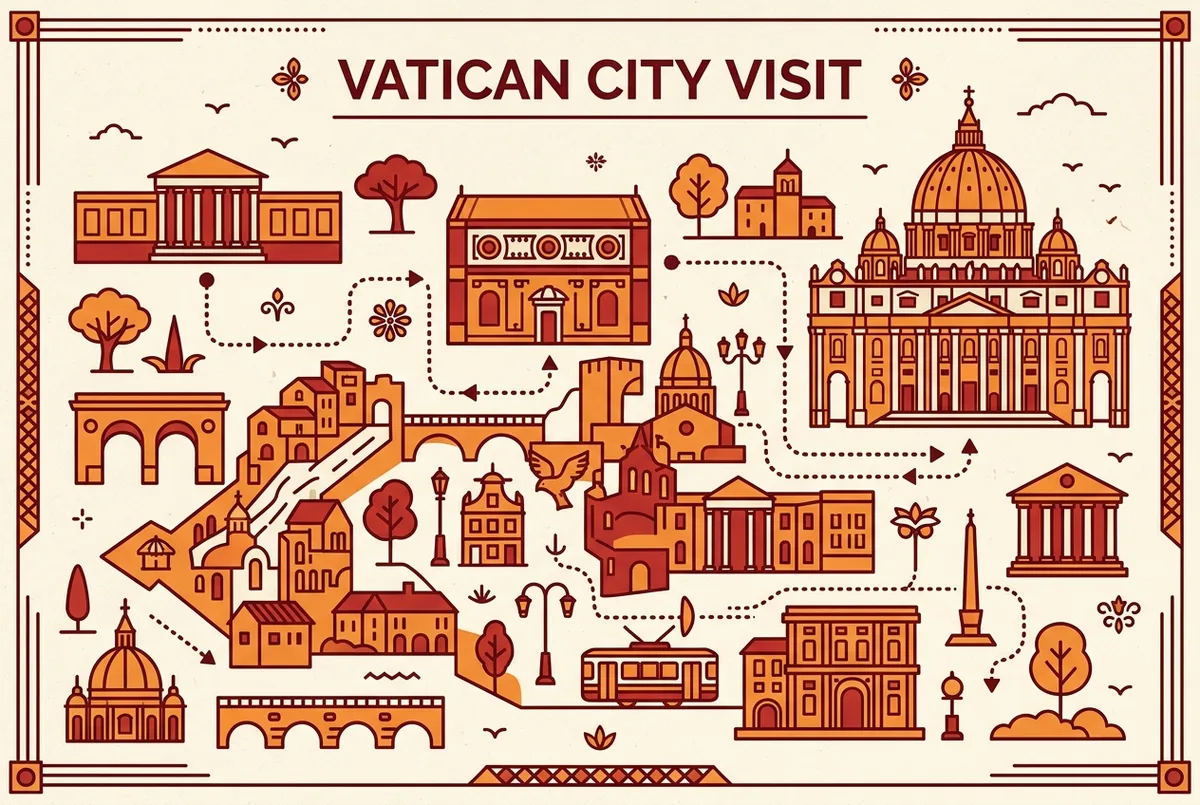 Illustrated map of Vatican City showing the Vatican Museums entrance, the Sistine Chapel, and St Peter's Basilica with a walking route between them for visitors planning their visit Vatican tickets itinerary