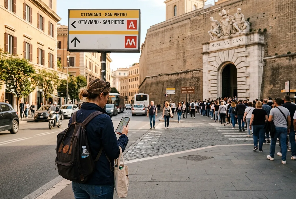 Rejsende går ud af metrostationen Cipro med et kort i hånden på vej mod vatikanmuseerne langs Viale Vaticano i formiddagslyset