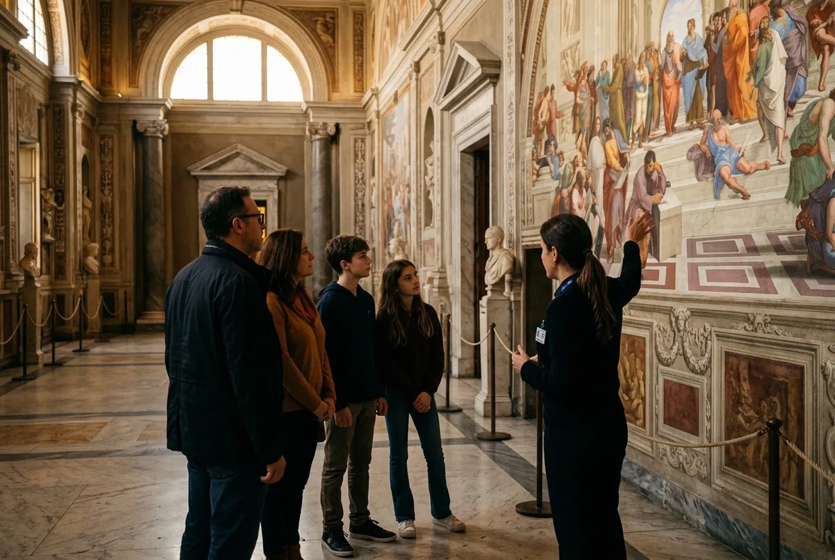 A vatican private tour guide gesturing toward a fresco for a small family group of four inside a quiet Vatican Museums gallery, no other visitors nearby, warm natural light