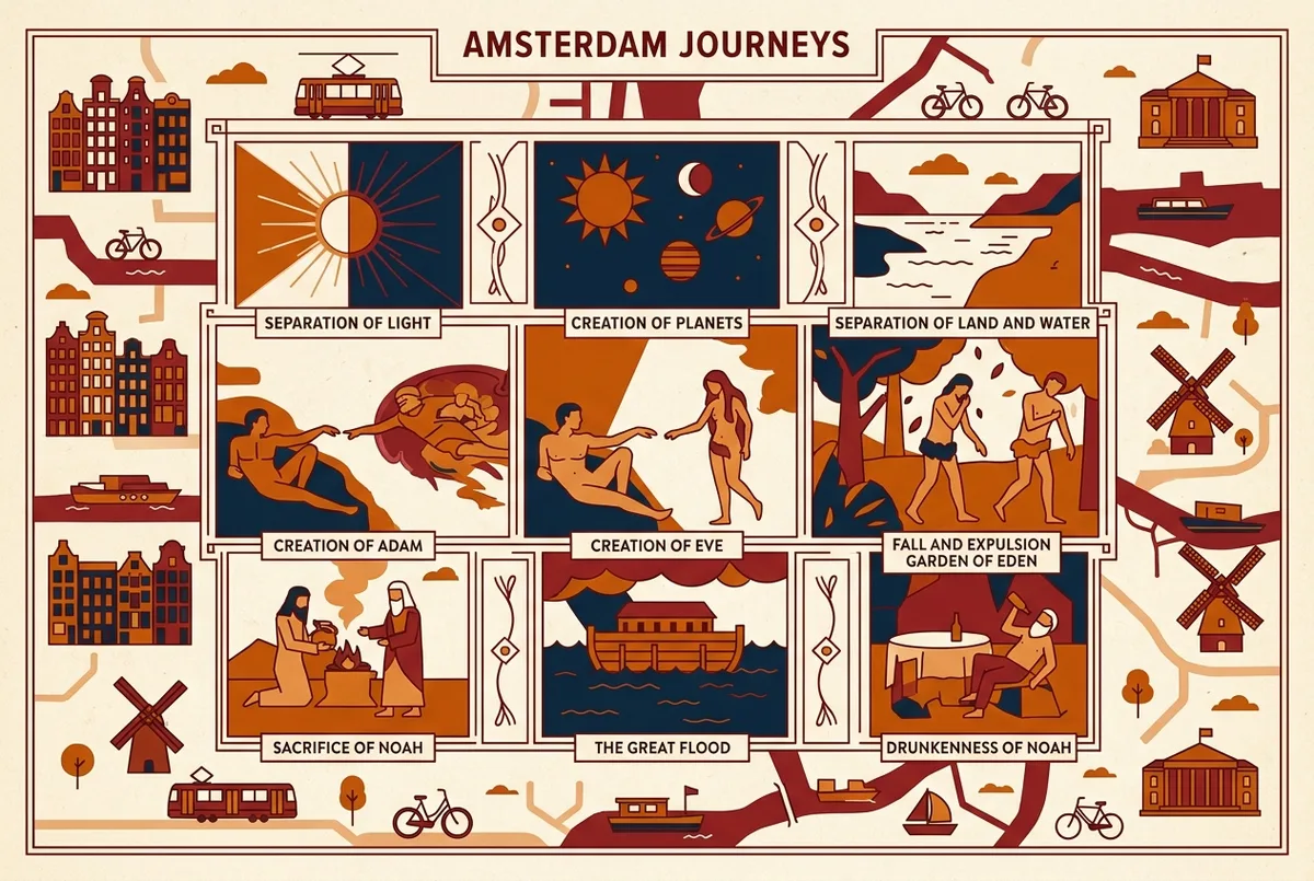 Mærket diagram infografik af det sixtinske kapel loft michelangelo malede, der viser de ni Genesis panelers positioner i rækkefølge med generiske panelnavne