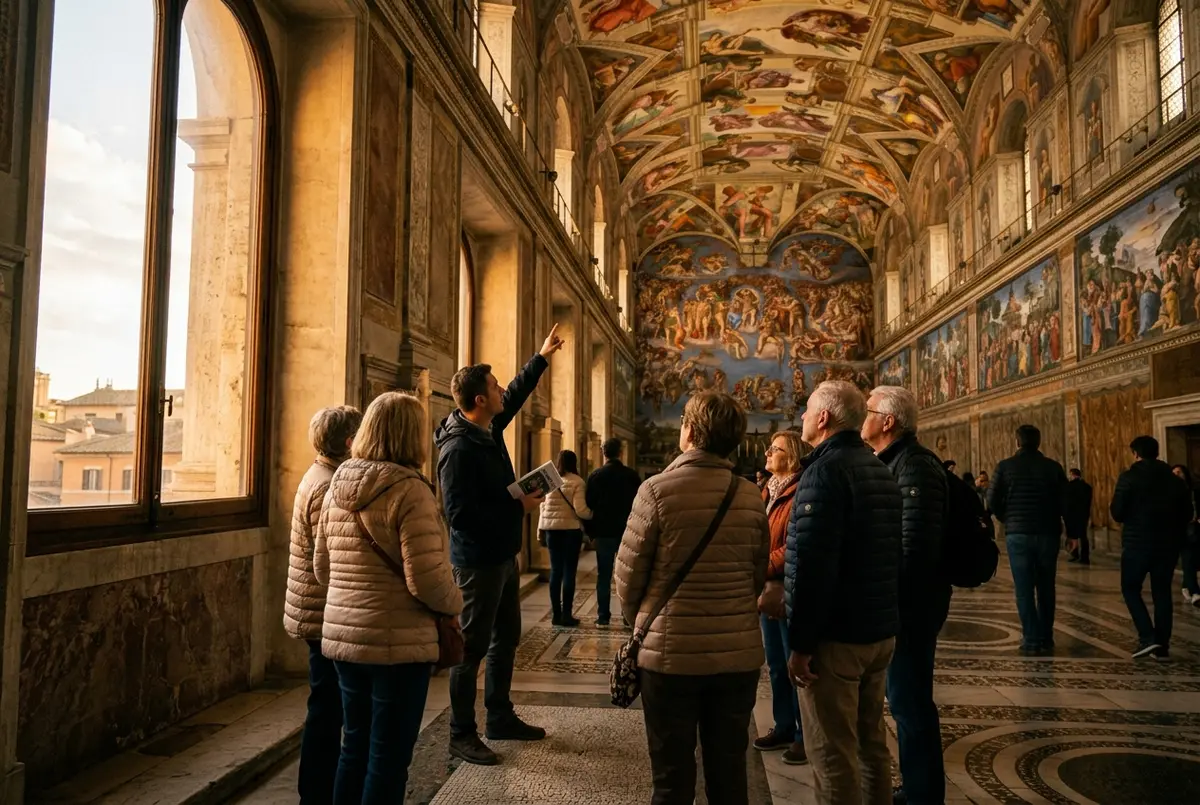 Guide peger op mod det sixtinske kapel loft og forklarer detaljer for en lille gruppe rejsende på en sixtinske kapel guidet tur i det varme kapellys