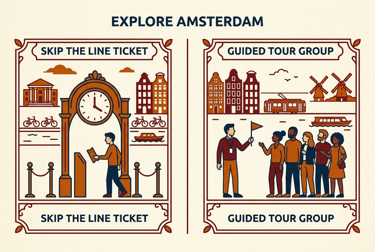 Simpelt sammenligningsdiagram der viser guidet tur over for skip the line billetter uden kø som to søjler, med generiske ikoner for guide, tempo og pris uden specifikke tal