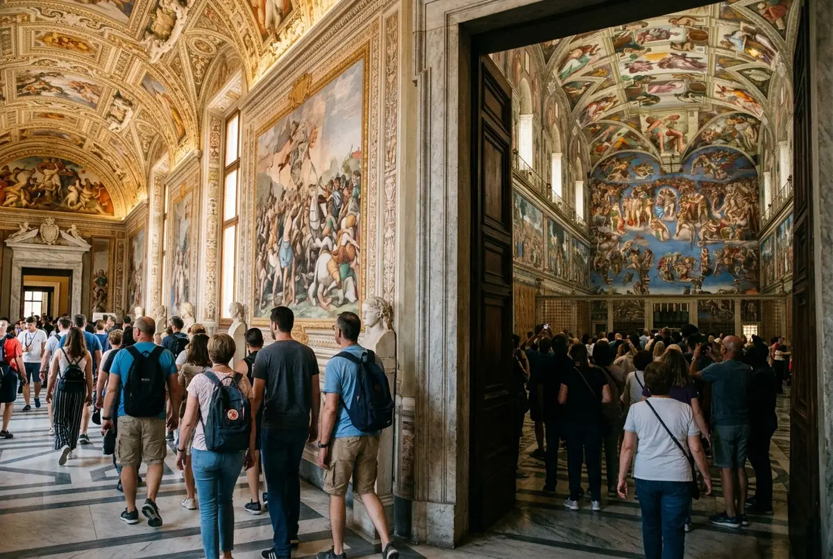 Visitors walking from a Vatican Museums gallery through a doorway into the Sistine Chapel, subtle transition in lighting and mood, sistine chapel vs vatican museums