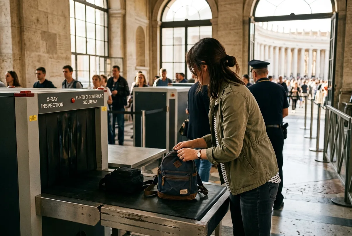Voyageur posant un petit sac à dos sur le tapis du scanner à rayons X au poste de sécurité basilique saint pierre, portique détecteur de métaux visible devant lui sous une lumière douce
