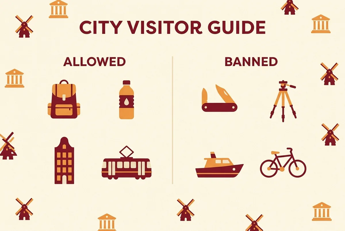 Infographie simple type checklist montrant des objets autorisés comme un petit sac à dos et une bouteille d'eau d'un côté, et des objets interdits comme un couteau de poche et un trépied de l'autre, icônes génériques uniquement