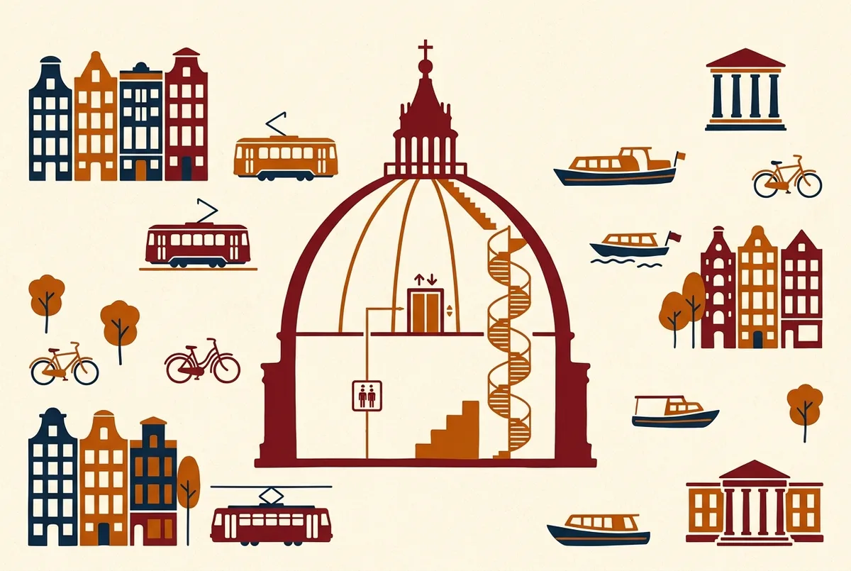 Doorsnede-infografiek van de koepel van de sint-pietersbasiliek met generieke labels bij het liftgedeelte en het trapgedeelte van de klim, zonder tekst met cijfers of prijzen