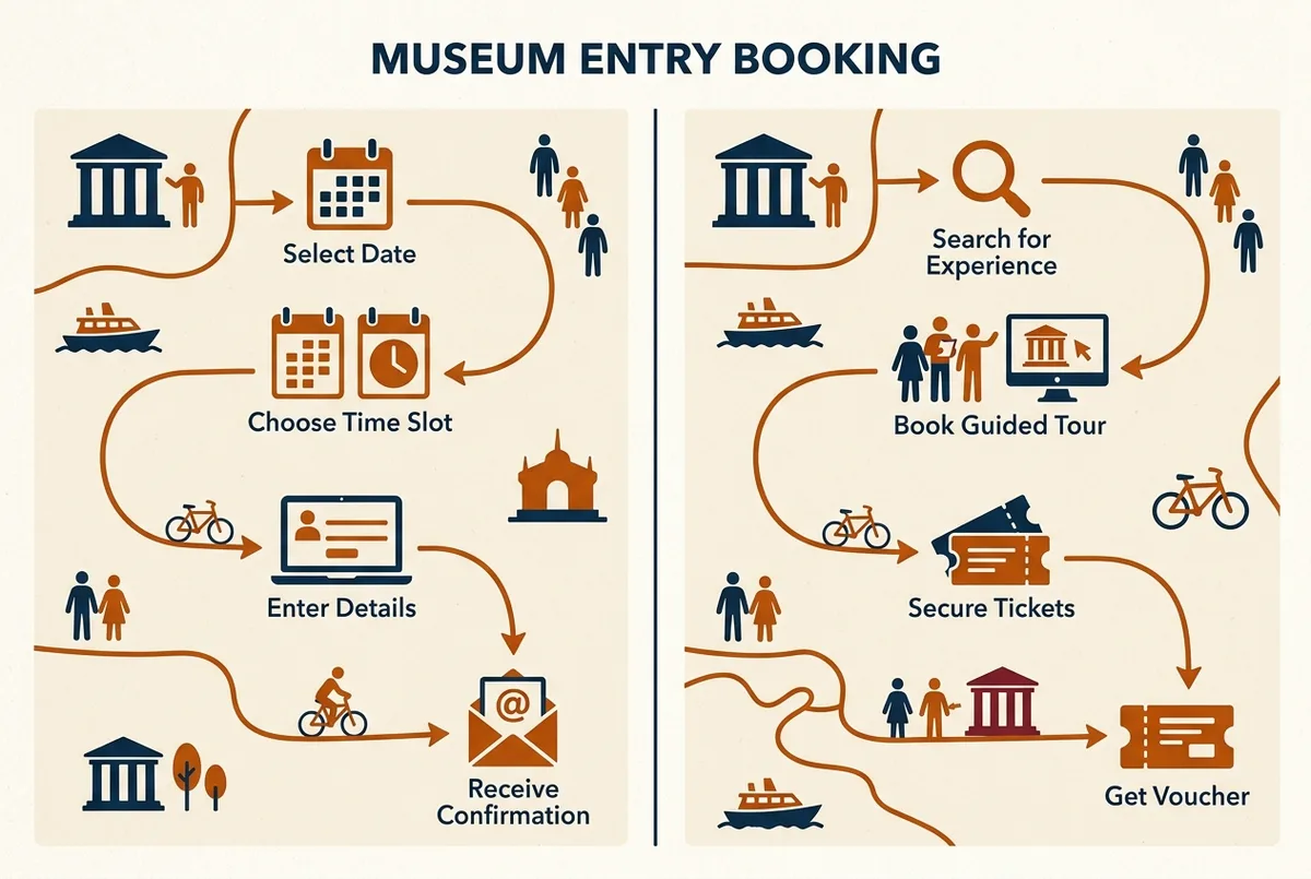 Split screen infografik der sammenligner vatikanet billetter official website bookingflowet med en tredjeparts udbyder med reserveret adgang, med simple mærkede trin og ingen pristekst