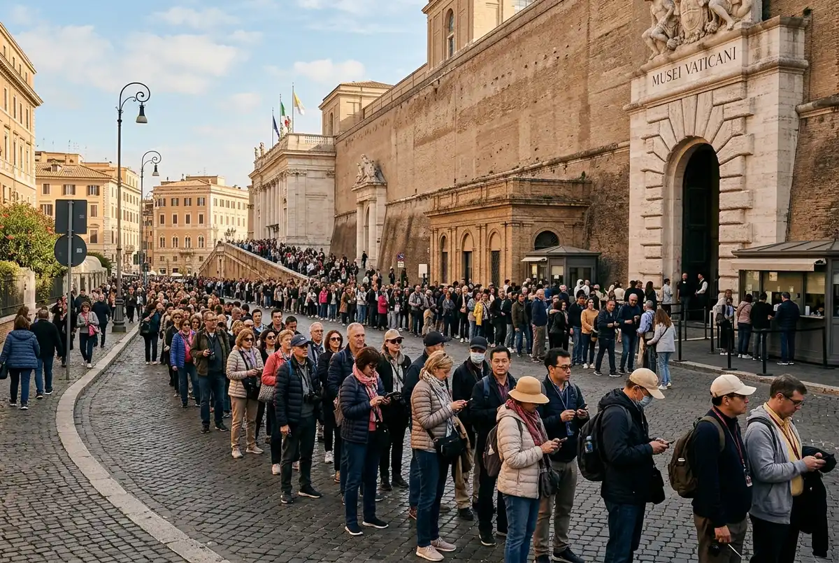 Lange rij toeristen die vaticaan tickets kopen aan de balie bij de ingang van de Vaticaanse Musea op een drukke ochtend, met de stenen gevel en bewegwijzering zichtbaar