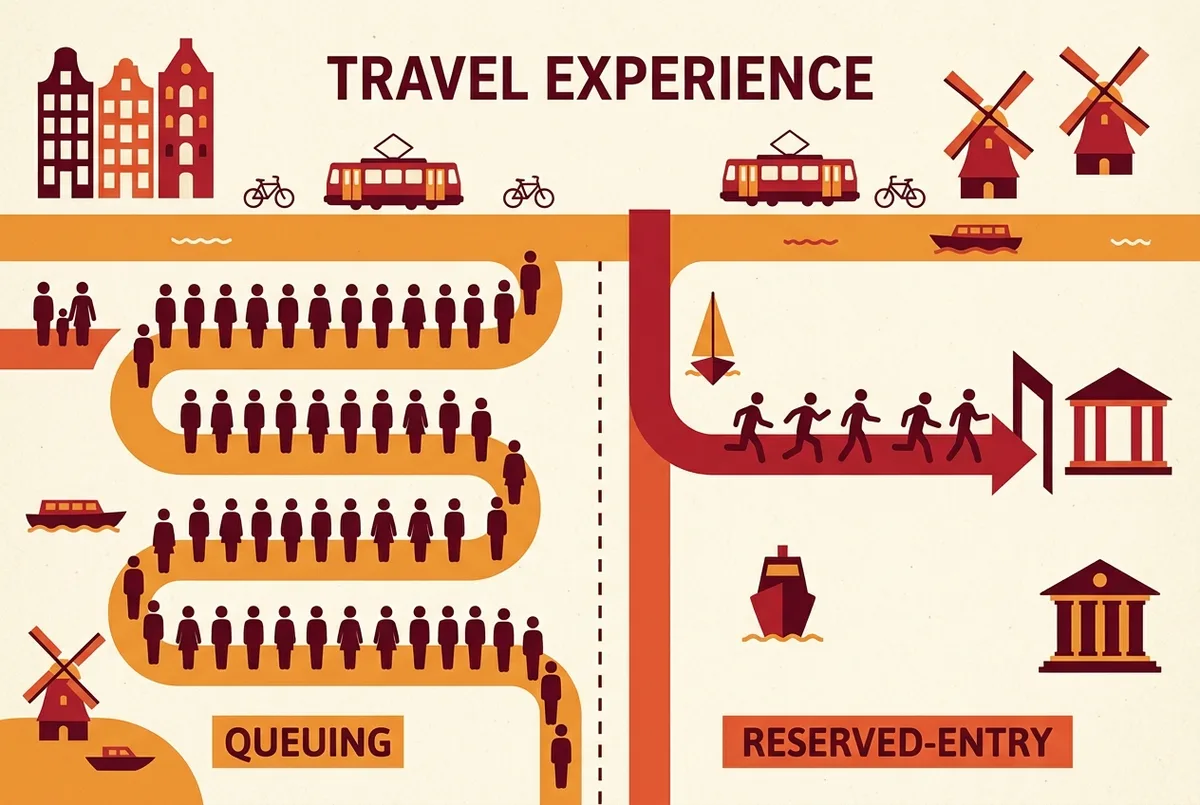 Eenvoudige infografiek met twee rijen die de wachttijd bij de vaticaan ticketbalie zonder reservering vergelijkt met een snelle rij voor gereserveerde entree, met generieke poppetjes en alleen rijlabels