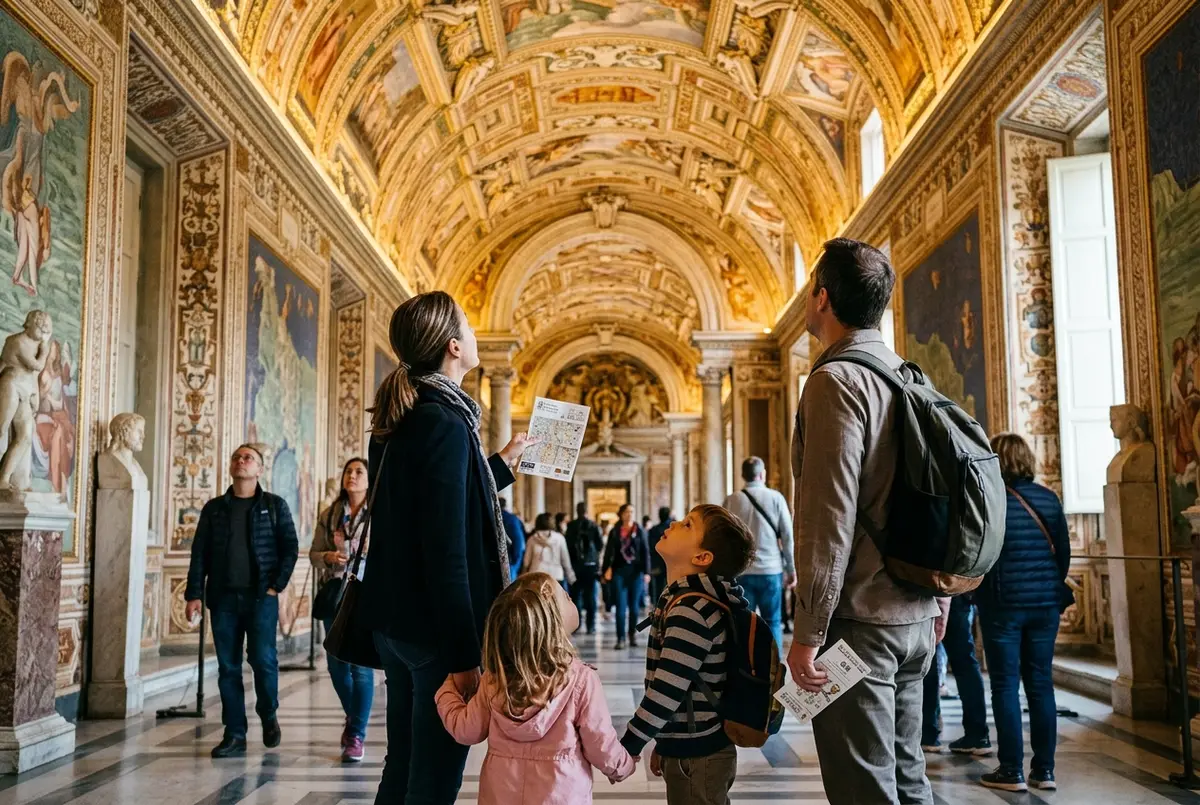 Famille avec deux jeunes enfants montrant leur billet vatican enfant à l'entrée des Musées du Vatican tôt le matin, lumière douce et statues en marbre en arrière-plan